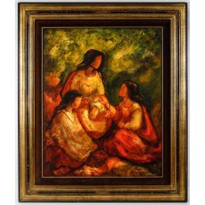 Mario Vargas (1928-2017) - The Villagers Oil On Wood Circa 1973