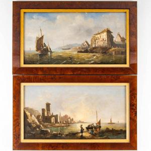 Charles-euphrasie Kuwasseg: Return Of The Fishermen And Unloading Of Fish Pair Of Il On Wood