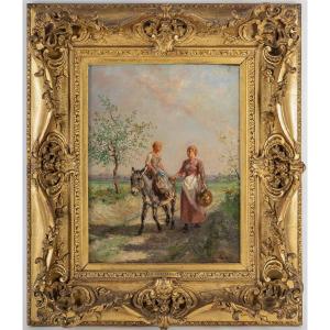 Jules Jacques Veyrassat (1828-1893): Donkey Ride, Oil On Canvas Circa 1860