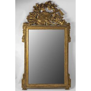 Gilt Wood Carved Mirror With Openwork Pediment And Musical Attributes, Louis XVI Period