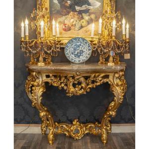 Carved And Gilded Wooden Console With Rocaille Decor, Italy, Late 18th Century