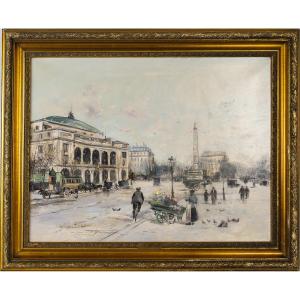 Jean Bernard Trotzier: The Flower Seller At Place Du Châtelet, Oil On Canvas, 20th Century