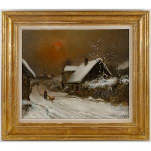 Theodore Levigne (1848-1912) Village Sous La Neige Oil On Canvas Late 19th Century