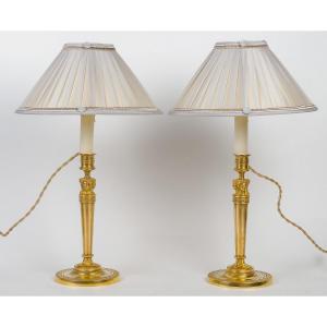 Pair Of Candlesticks With Female Busts Attributed To Claude Galle Circa 1810, Mounted As Lamps