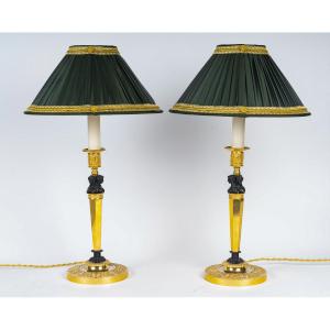Pair Of Candlesticks With Marvelous Attributed To Claude Galle Circa 1810, Mounted As Lamps