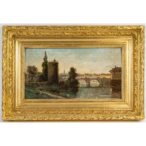 Gustave Mascart Bucolic Walk At The Foot Of The Powder Tower Of Bruges Oil On Wood Circa 1900