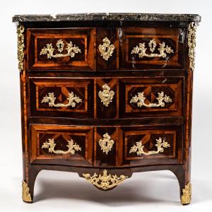 Louis XV Period Commode In Satinwood, Rosewood, And Kingwood Stamped By Bon Durand