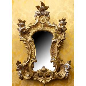 Large Gorgeous Italian Mid-18th-century Carved Gilded And Silvered Wood Mirror