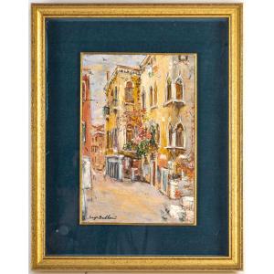 Serge Belloni (1925-2005) - Flower-filled Alleyway In Authentic Venice Oil On Panel, Circa 1980