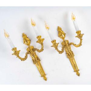 Pair Of Louis XVI Style Chiseled Bronze Two-light Wall Sconces Circa 1850