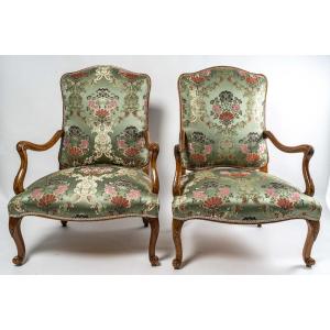 Pair Of Large And Low Walnut Armchairs, French Regence Period Circa 1720