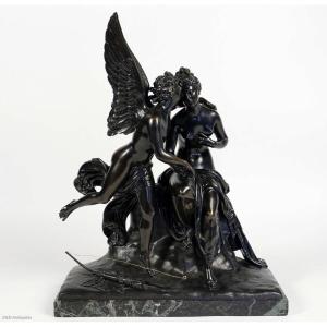 Black Patina Bronze Group "angel And Nymph," Romantic Period Circa 1830-1840