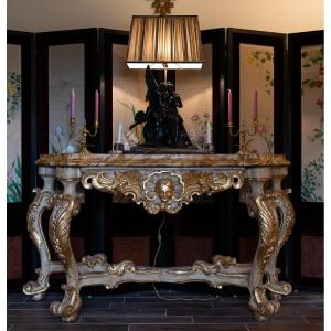 Italy, 18th Century – Large Lacquered And Gilt Console With A Sienna Marble-imitation Top