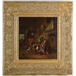 Belgian School, 19th Century – Family In Their Interior, Monogrammed Gvh, Oil On Panel
