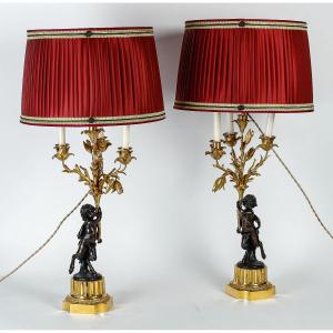 Pair Of Louis XVI Style Candelabras With Faun Decor, Mounted As Lamps