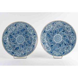 Rare Pair Of Delft Faience Plates With Blue Monochrome Floral Decoration, The Hatchet Mark 1750