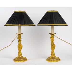 After Juste-aurèle Meissonnier Pair Of Gilt Bronze Candlesticks Circa 1880 Mounted As Lamps