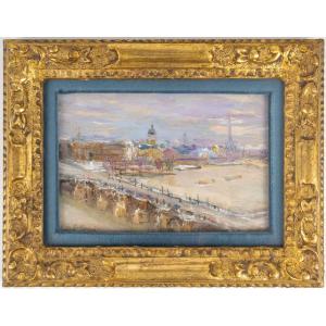 Serge Belloni (1925–2005) The Seine Flood As Seen From Pont-neuf Oil On Wood, Circa 1979