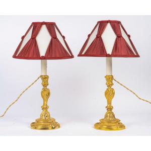  Pair Of Louis XV Gilt Bronze Butterfly Candlesticks After Meissonnier, Mounted As Lamps