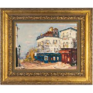 Serge Belloni (1925-2005) - The Café On Rue Des Saules In Autumn, Oil On Wood, Circa 1980