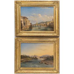 Charles-édouard Hugot (1815–1886) – Lively Views Of The Arno Riverbanks, Florence, C. 1843