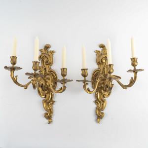Pair Of Rocaille- Louis XV Style Three Light Wall Sconces In Gilt Bronze, C. 1900