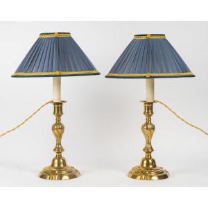 Pair Of Candlesticks Mounted As Lamps In Chiseled And Gilt Bronze, Louis XV Period Circa 1750
