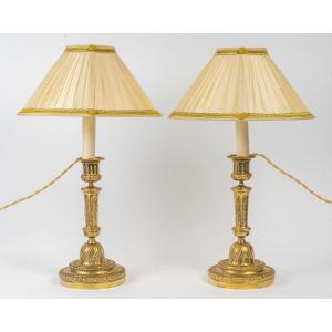 Pair Of Louis XVI Style Candlesticks Circa 1820 In Chiseled Bronze, Mounted As Lamps