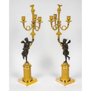 A Pair Of Empire Period Bronze Candelabra With Antique Figures Of Psyche And Antéros, C. 1805