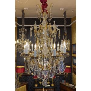 Louis XV-style "oeil De Boeuf" Cage Chandelier In Gilt Bronze And Cut Crystal, C. 1880
