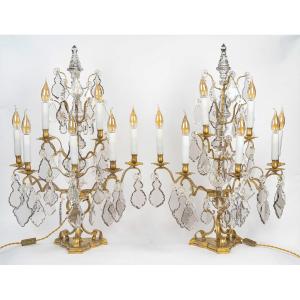 A Large Pair Of Louis XV-style Gilt Bronze And Cut-crystal Girandoles, C. 1860