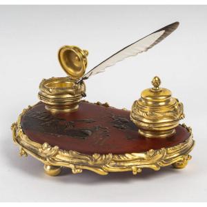 Napoleon III Period Bronze-mounted Inkwell With Vernis Martin Plaque, C. 1850–1870