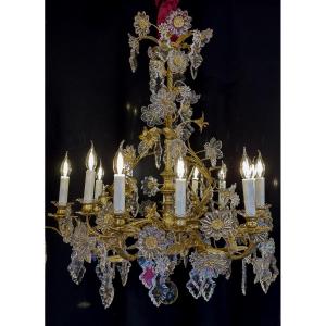 Gilt Bronze Chandelier With Floral Cut Crystal Decor Cristallerie De Baccarat Circa 1870