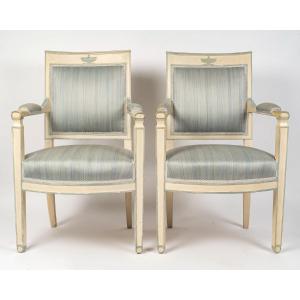 Pair Of Empire Period (1805-1815) Armchairs In Blue Lacquered Beechwood