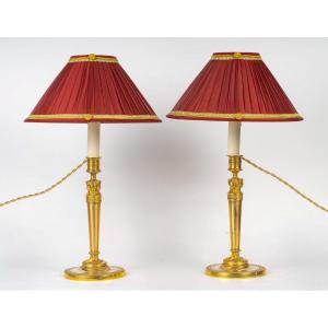 Pair Of Candlesticks Mounted As Lamps With Female Busts Attributed To Claude Galle Circa 1810