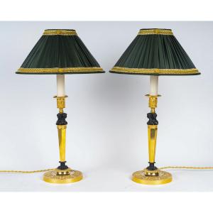 Pair Of Candlesticks With Marvelous Mounted As Lamps Attributed To Claude Galle Circa 1810