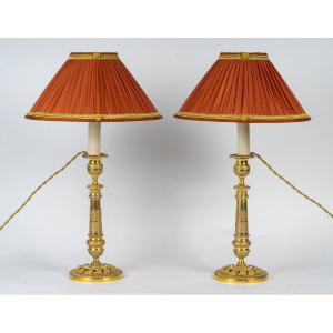 Pair Of Restauration Period Gilt Bronze Candlesticks Mounted As Lamps Circa 1820-1830