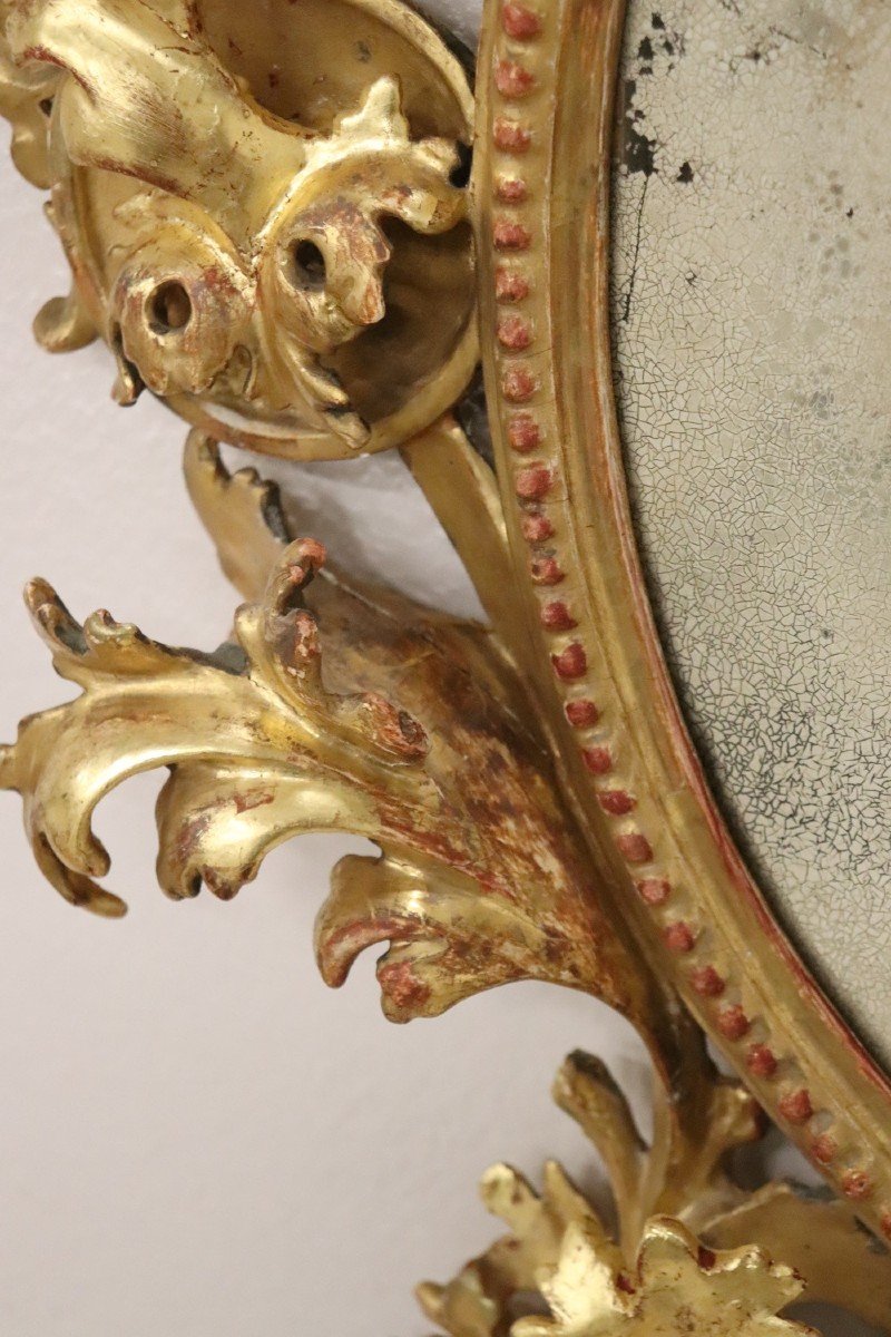 Specchio antico ovale in legno intagliato e dorato, XVIII secolo-photo-6