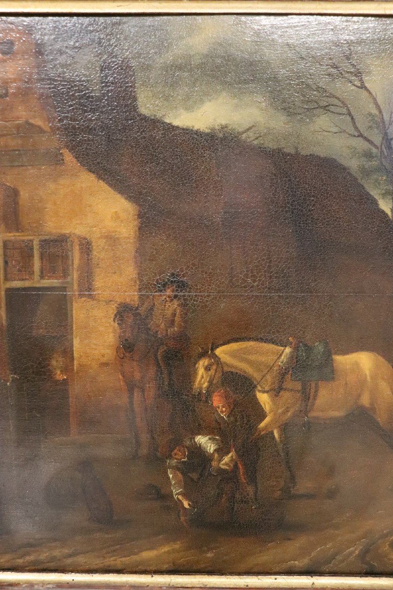 Olio su tavola, scena di villaggio, XVII secolo, artista fiammingo-photo-4