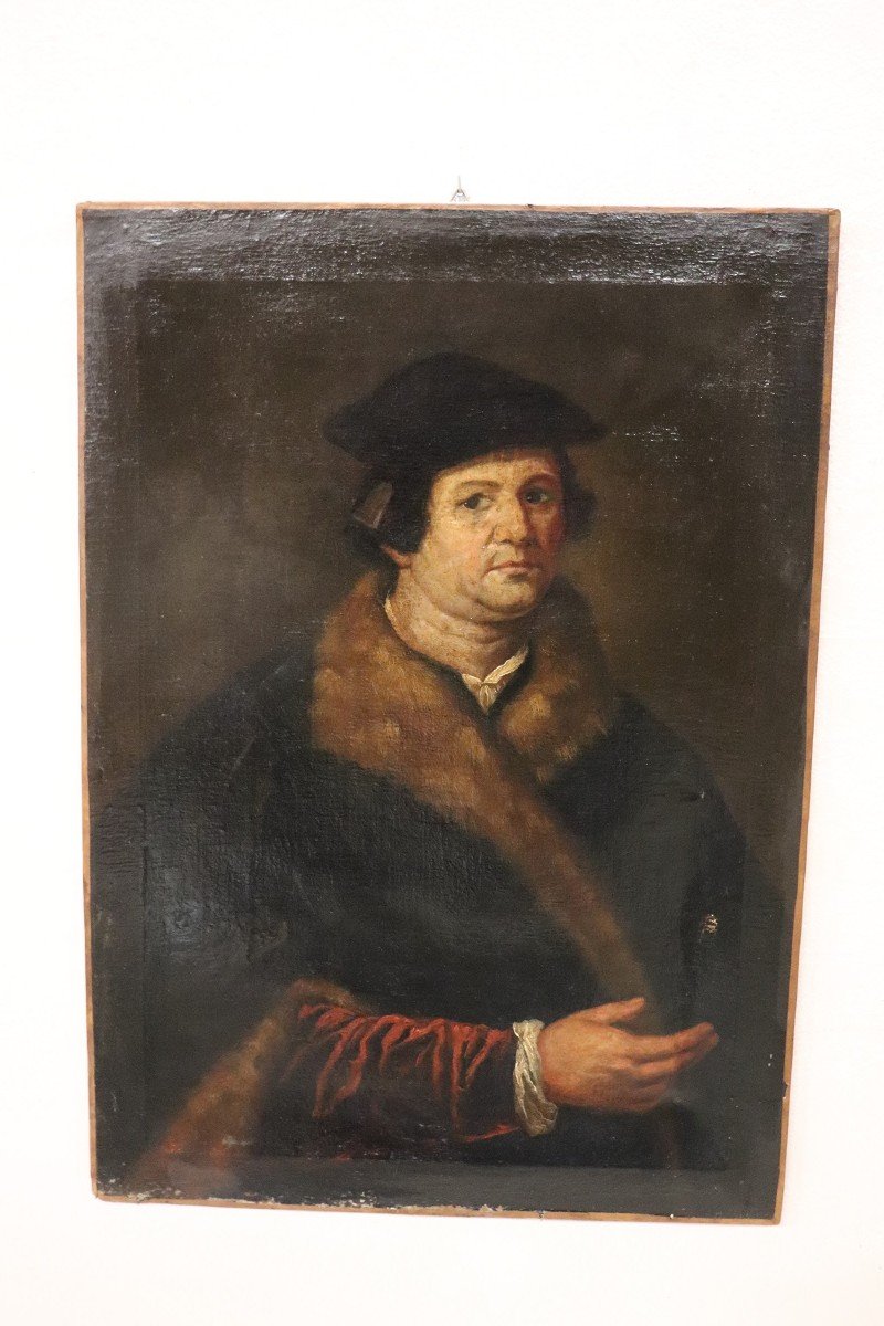Ritratto di gentiluomo in pelliccia, XVII secolo, olio su tela-photo-1