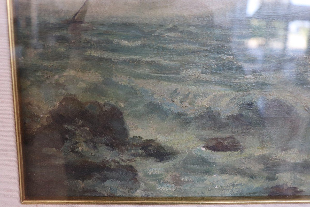 P. Sacchetto, Paesaggio marino, anni '40, olio su masonite-photo-2