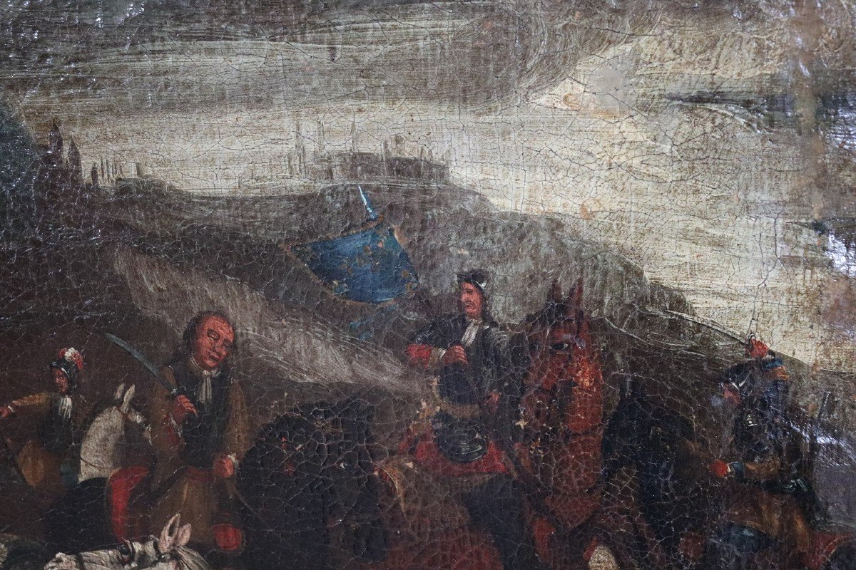Battaglia con uomini a cavallo, XVII secolo, olio su tela-photo-2