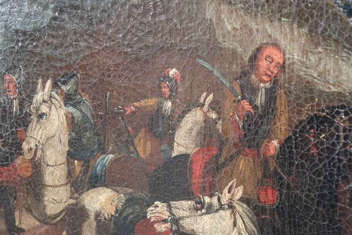 Battaglia con uomini a cavallo, XVII secolo, olio su tela-photo-1