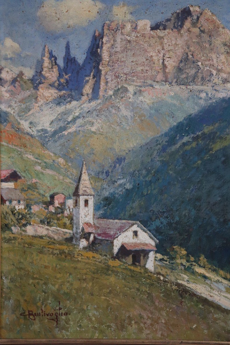 Cesare Bentivoglio, Paesaggio di montagna con chiesa, anni '30, olio su tela-photo-2