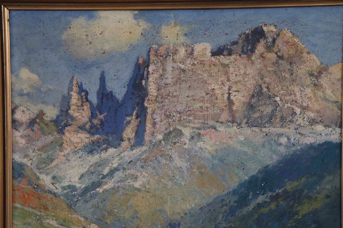 Cesare Bentivoglio, Paesaggio di montagna con chiesa, anni '30, olio su tela-photo-3