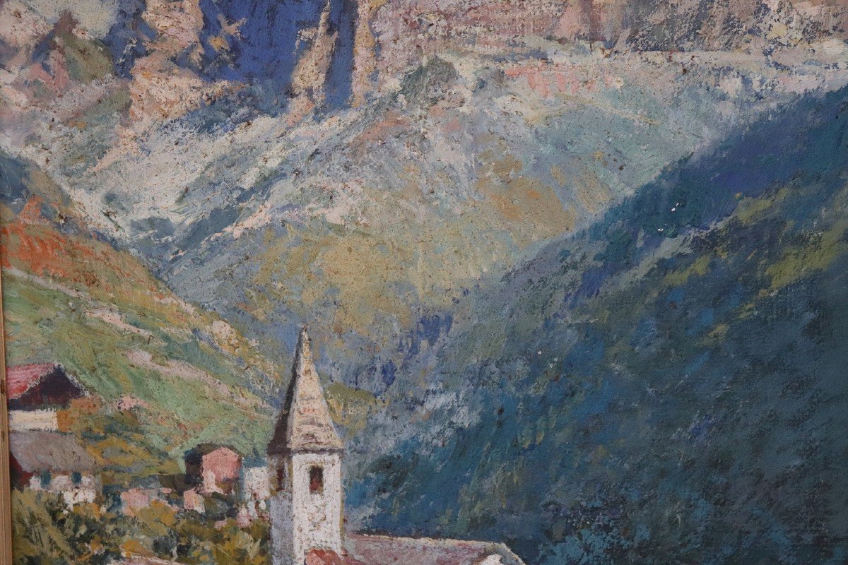 Cesare Bentivoglio, Paesaggio di montagna con chiesa, anni '30, olio su tela-photo-4