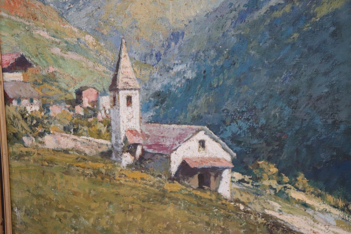 Cesare Bentivoglio, Paesaggio di montagna con chiesa, anni '30, olio su tela-photo-1