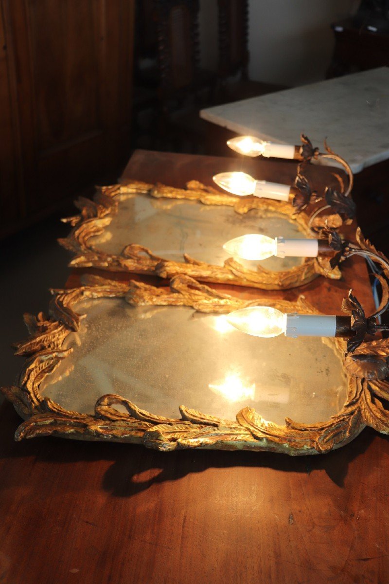 Applique legno intagliato e dorato con specchio, anni '20, set di 2-photo-3