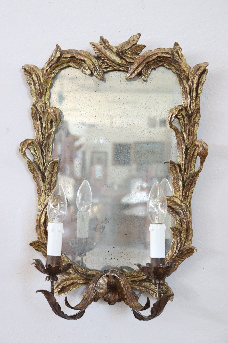 Applique legno intagliato e dorato con specchio, anni '20, set di 2-photo-4