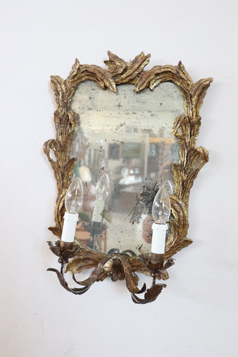 Applique legno intagliato e dorato con specchio, anni '20, set di 2-photo-1